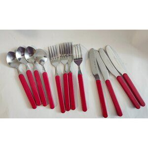 Picnic Time Stainless Red Handle 12 in lot Set for 4 Spoons Knife Forks